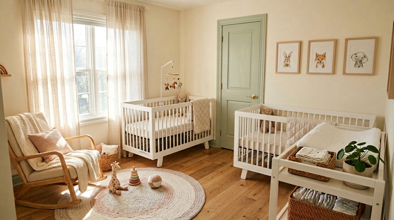 Chambre b&eacute;b&eacute; avec deux berceaux blancs, fauteuil et d&eacute;coration douce