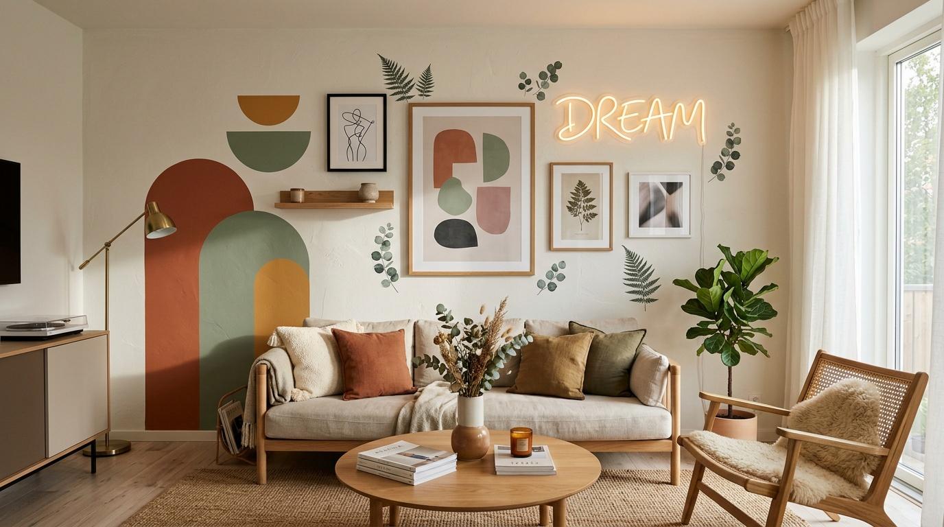 Salon contemporain avec canap&eacute; beige, art mural g&eacute;om&eacute;trique et plantes