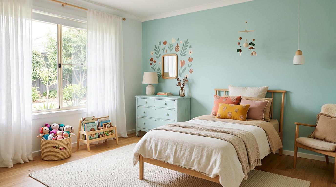 Chambre enfant d&eacute;cor&eacute;e turquoise avec lit bois, mobilier clair.