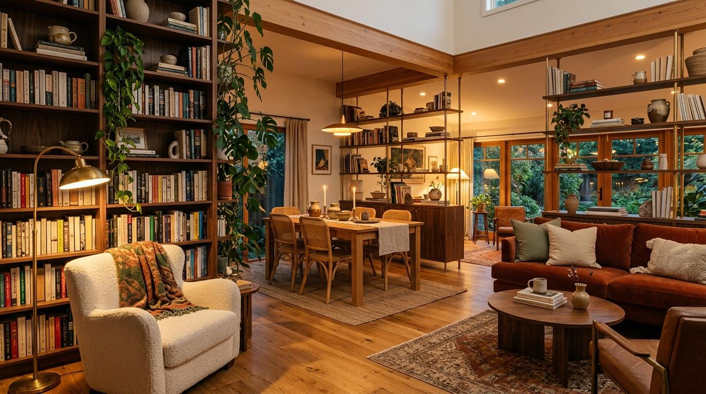 Salon lumineux avec biblioth&egrave;ques, meubles bois, plantes vertes