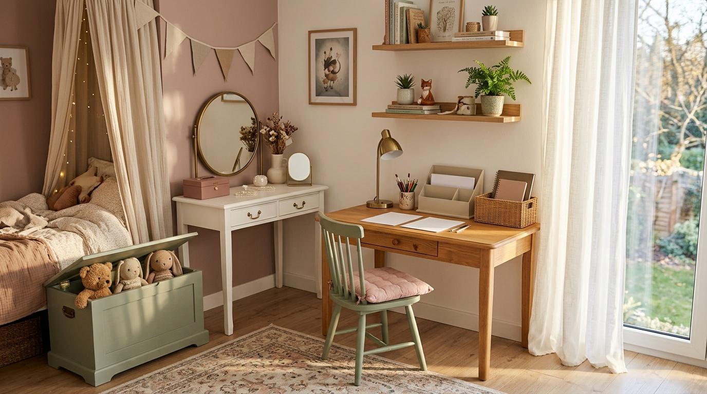 Chambre enfant avec lit &agrave; baldaquin, bureau bois et rangements muraux