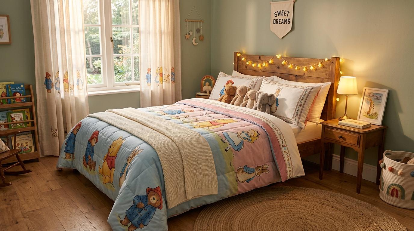 Chambre enfant avec lit en bois, d&eacute;cor Winnie l'Ourson, guirlandes lumineuses