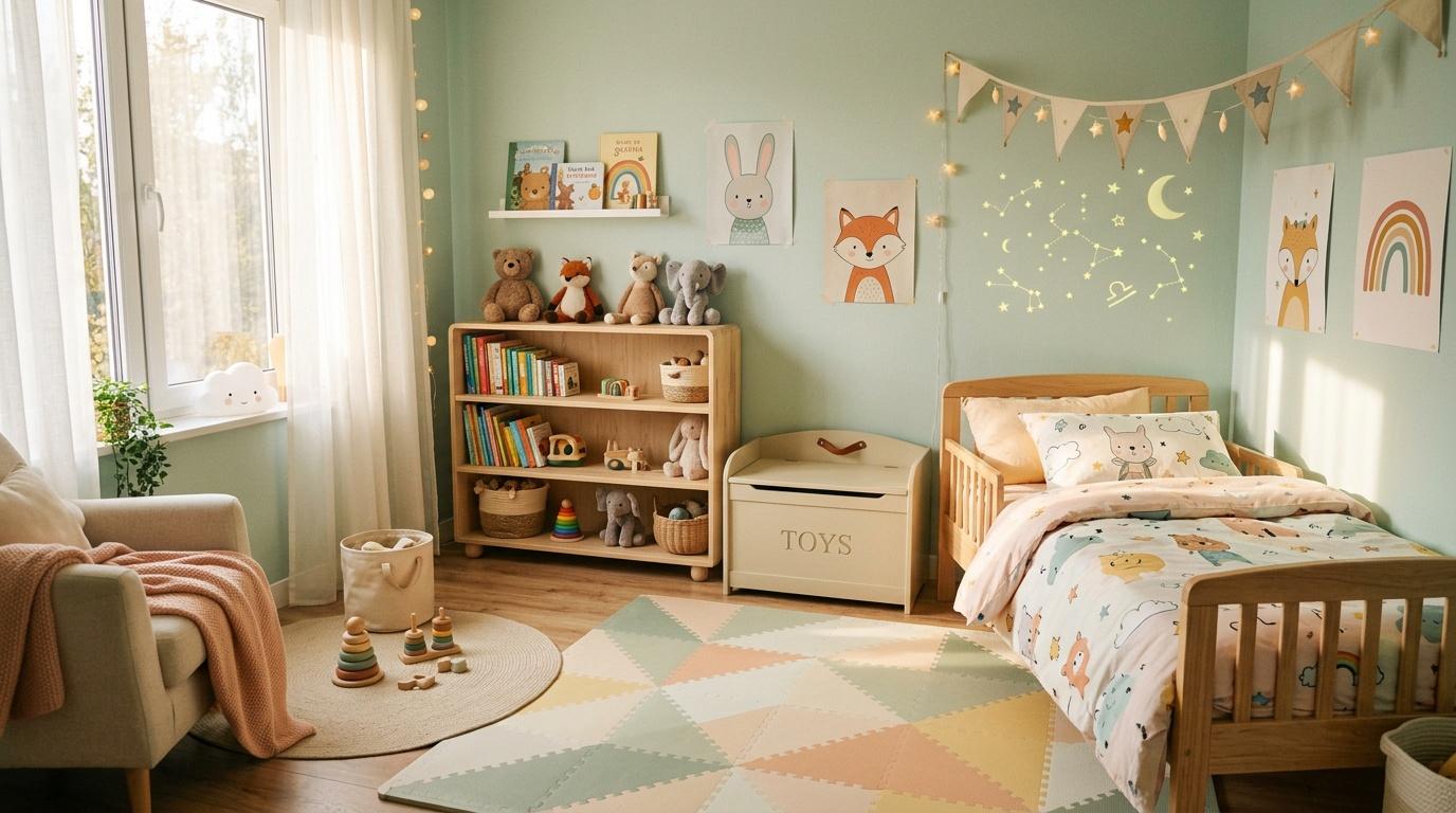 Chambre b&eacute;b&eacute; avec lit bois, d&eacute;coration pastel verte et jouets