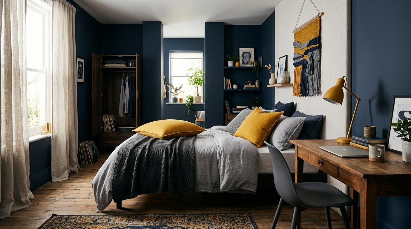 Chambre &eacute;l&eacute;gante avec murs bleu fonc&eacute;, lit gris et coussins dor&eacute;s