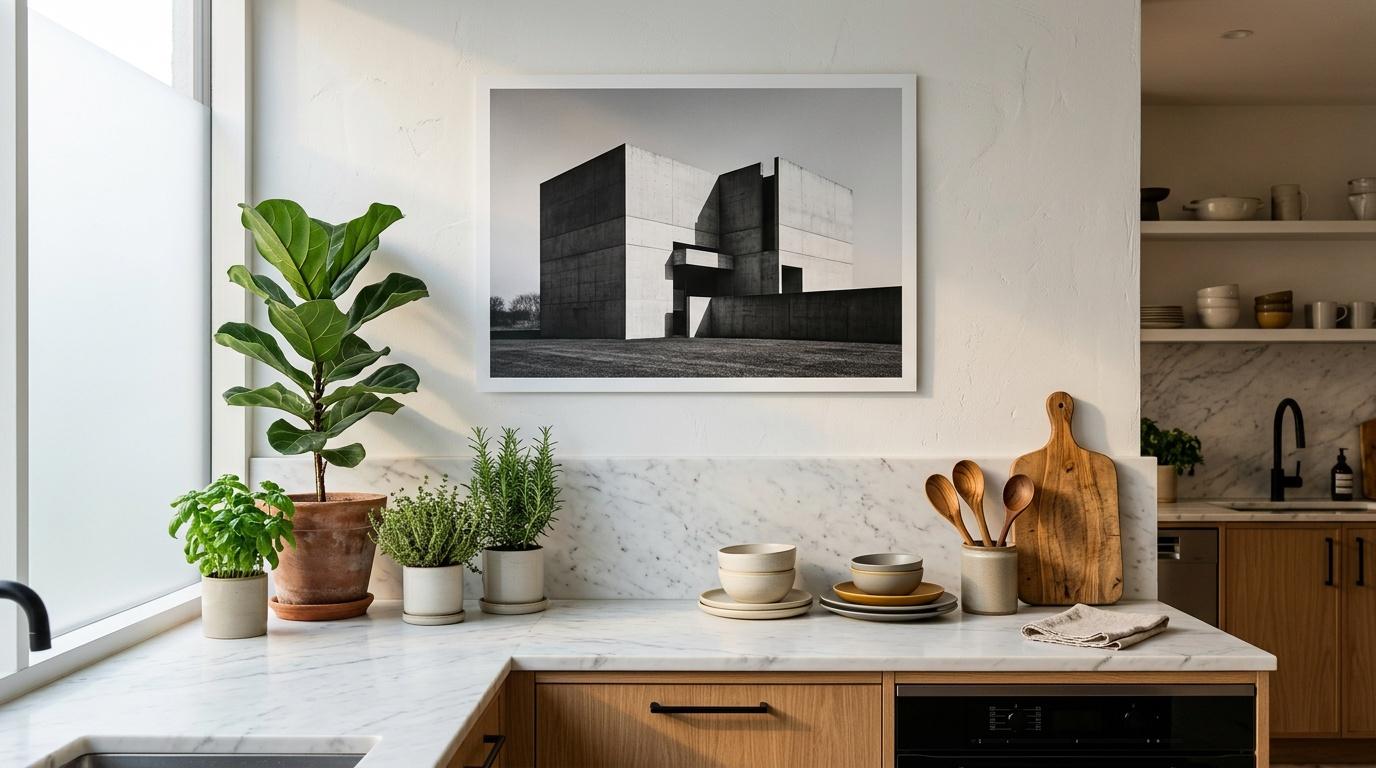 Cuisine blanche et bois avec plantes, art architectural mural