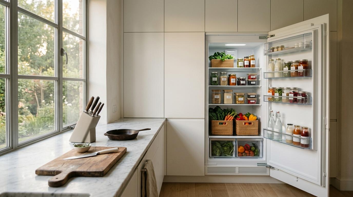 Cuisine minimaliste avec frigo organisé et plan de travail lumineux