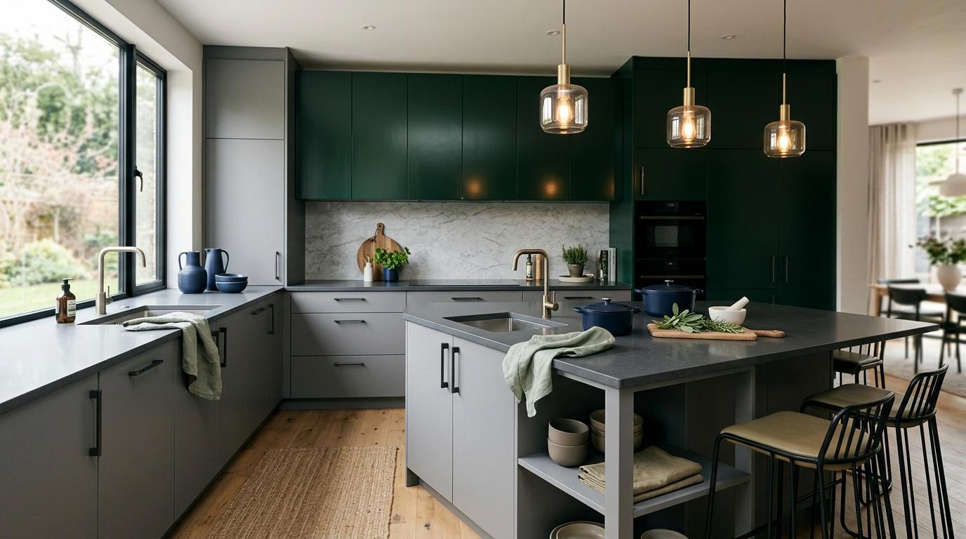 Cuisine contemporaine avec armoires vert foncé et îlot gris