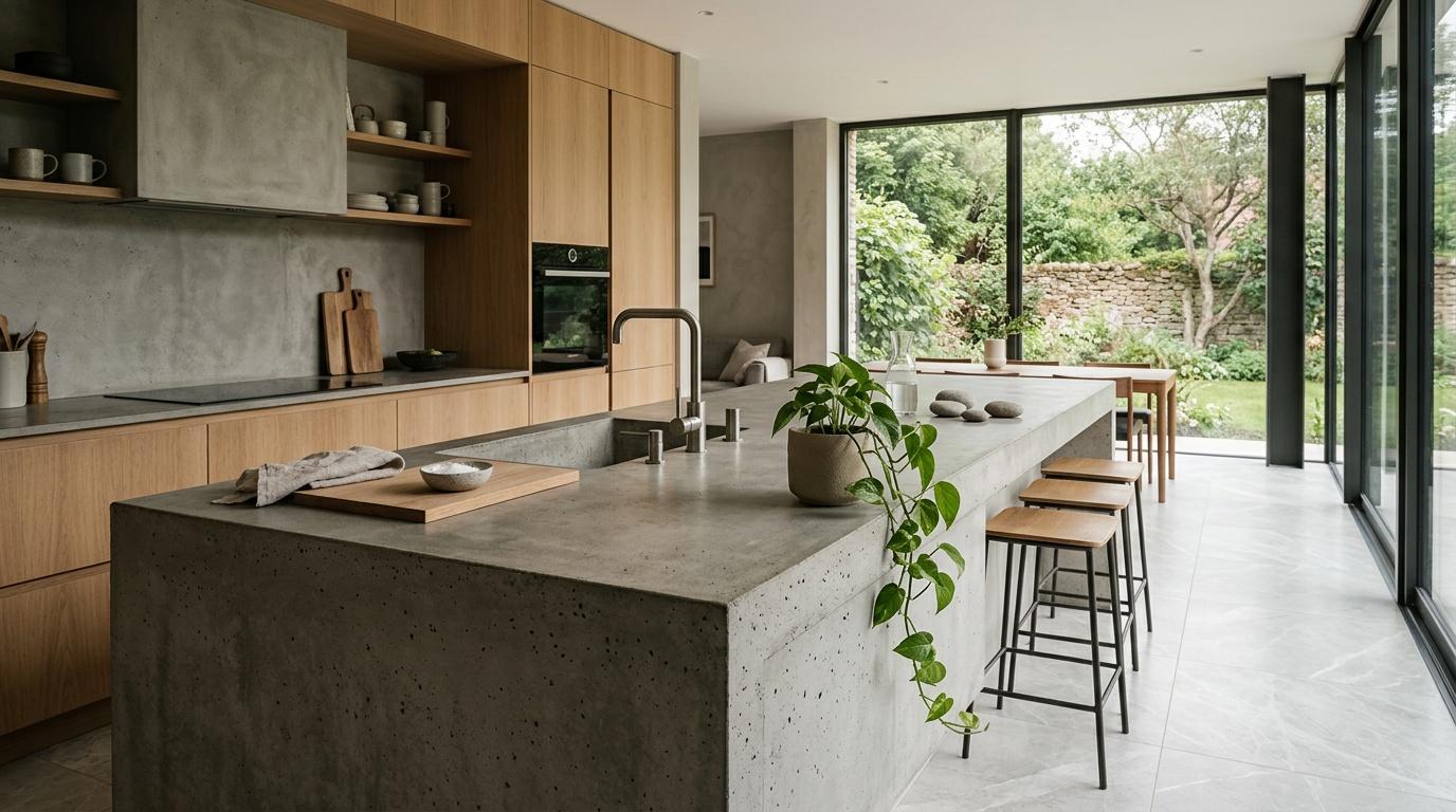 Cuisine contemporaine avec îlot en béton et vue jardin