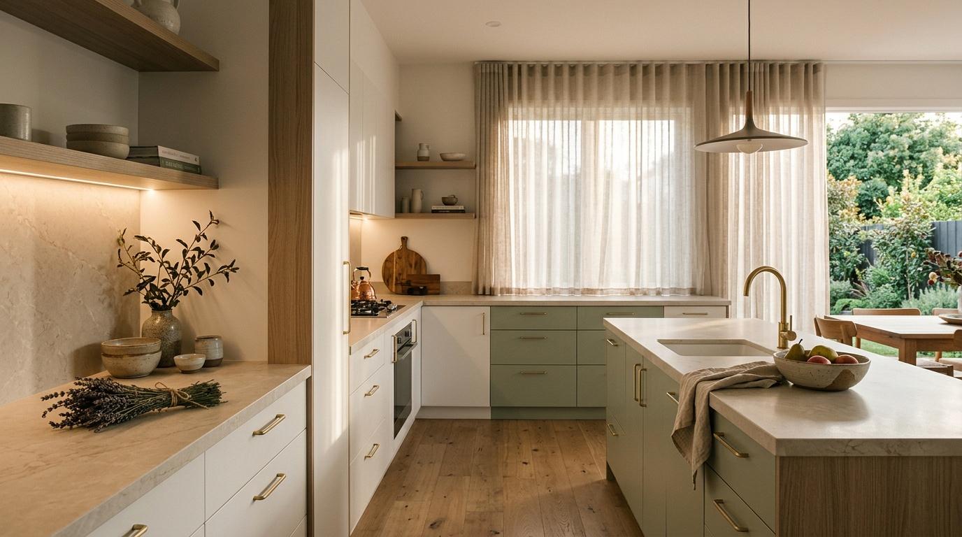 Cuisine contemporaine avec îlot central et baies vitrées