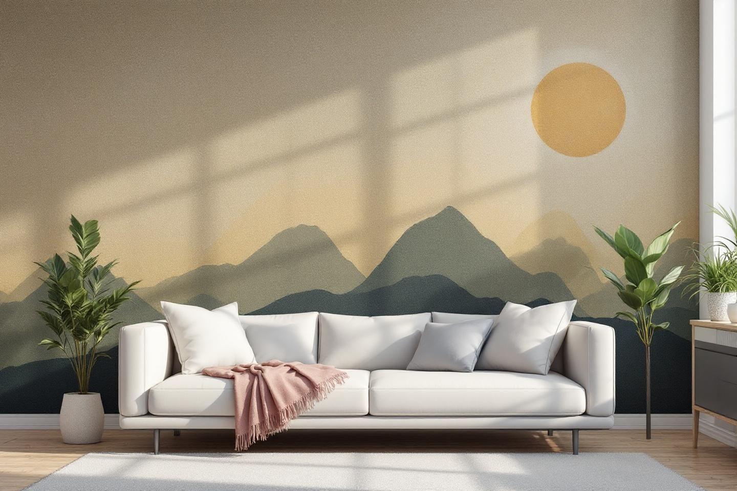 Canap&eacute; blanc devant un mur &agrave; motif montagneux et soleil