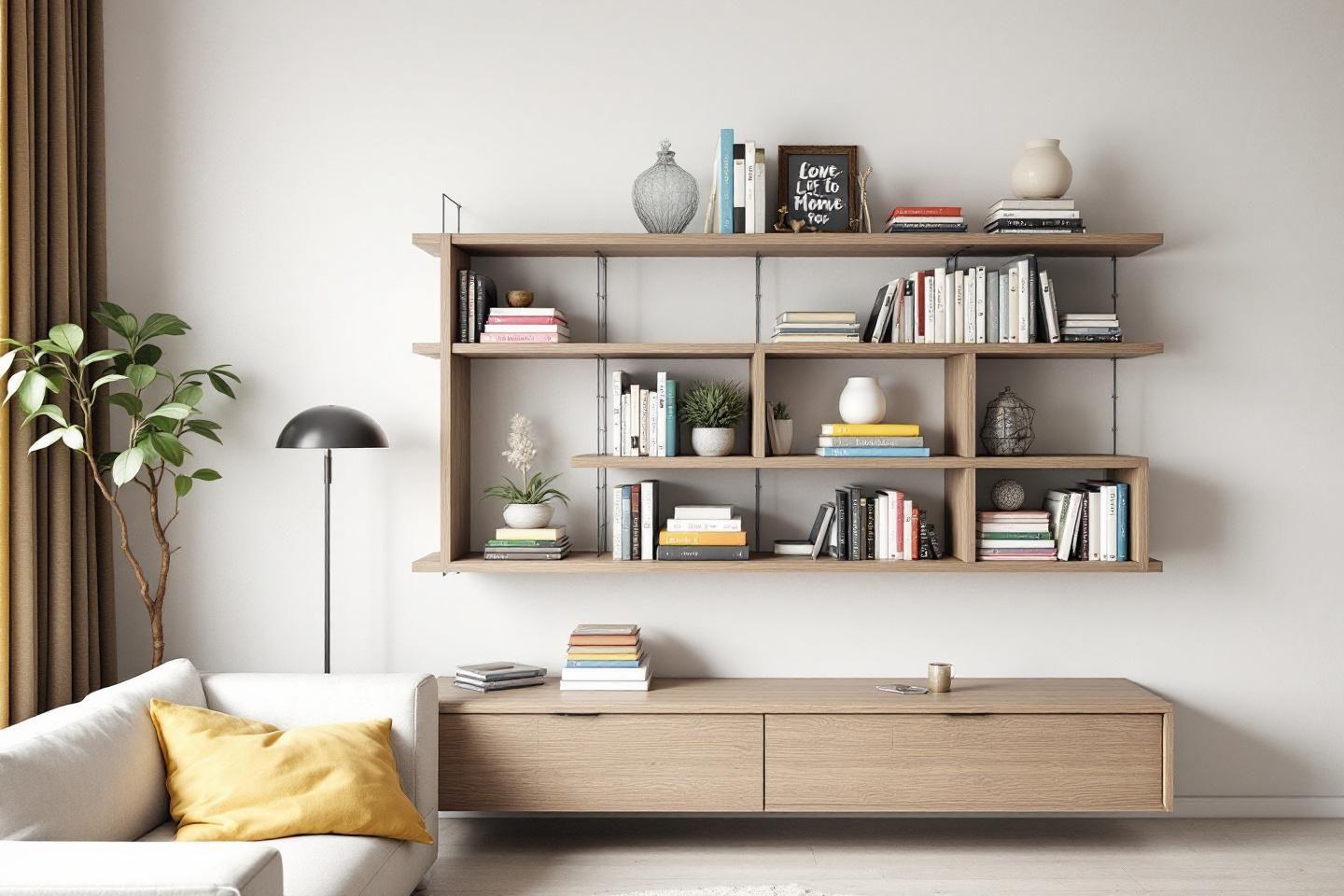 Biblioth&egrave;que design en bois avec plante et lampadaire gris