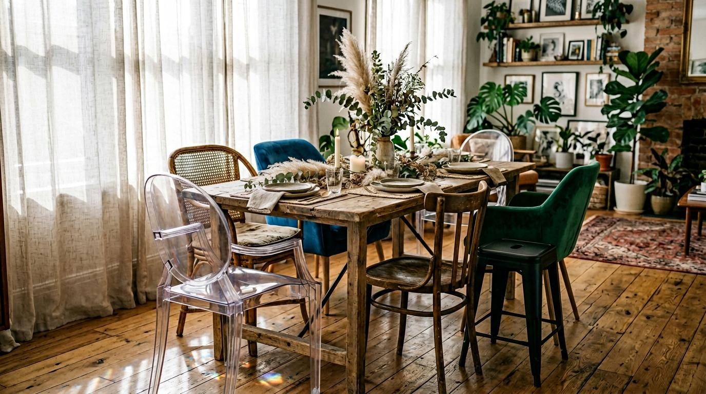Salle &agrave; manger moderne avec table en bois, chaises vari&eacute;es et plantes d&eacute;coratives.