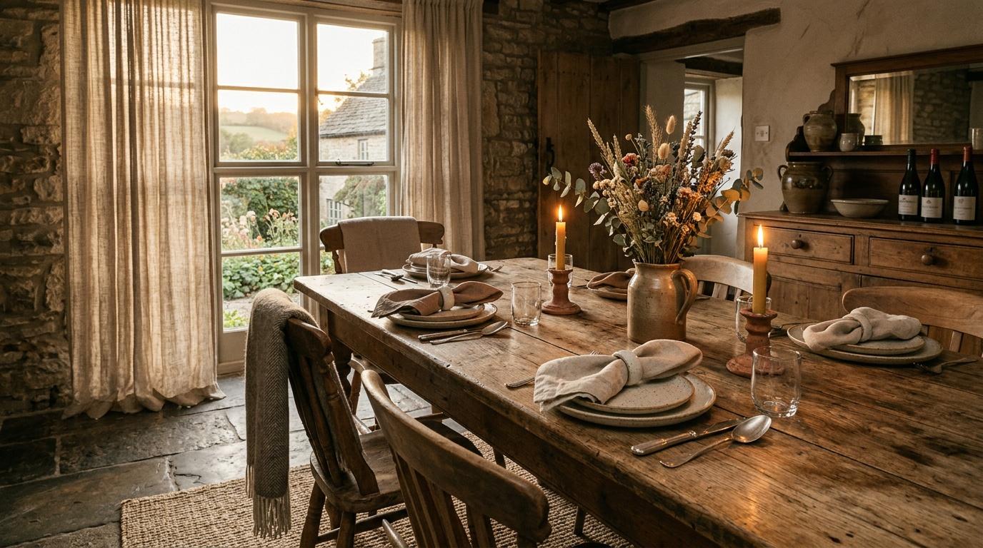 Table en bois avec couverts, fleurs s&eacute;ch&eacute;es, bougies allum&eacute;es