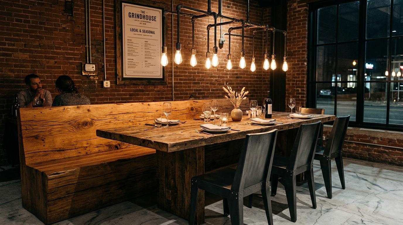 Int&eacute;rieur de restaurant avec table en bois, briques rouges et luminaires suspendus