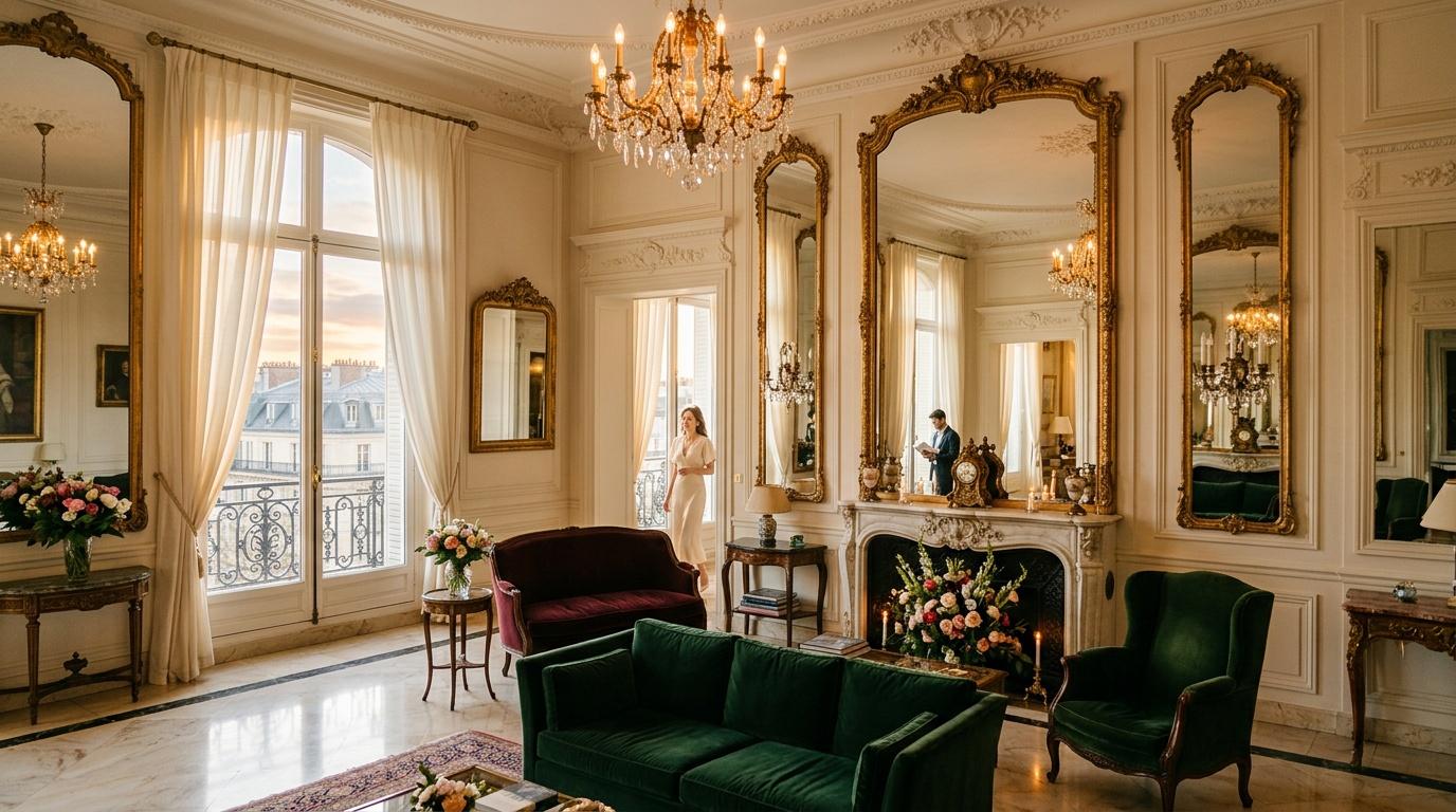Salon &eacute;l&eacute;gant avec miroirs dor&eacute;s, meubles verts et chandeliers