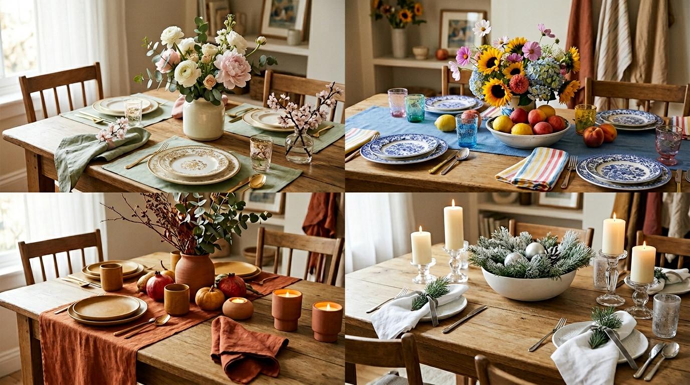 Quatre tables dress&eacute;es avec fleurs, vaisselle et d&eacute;coration saisonni&egrave;re