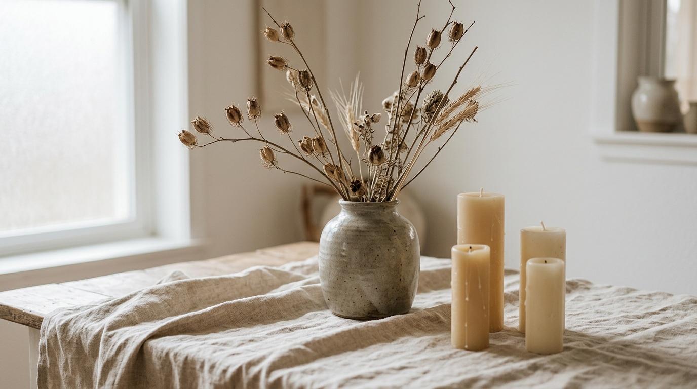 Vase avec fleurs s&eacute;ch&eacute;es et bougies sur table beige