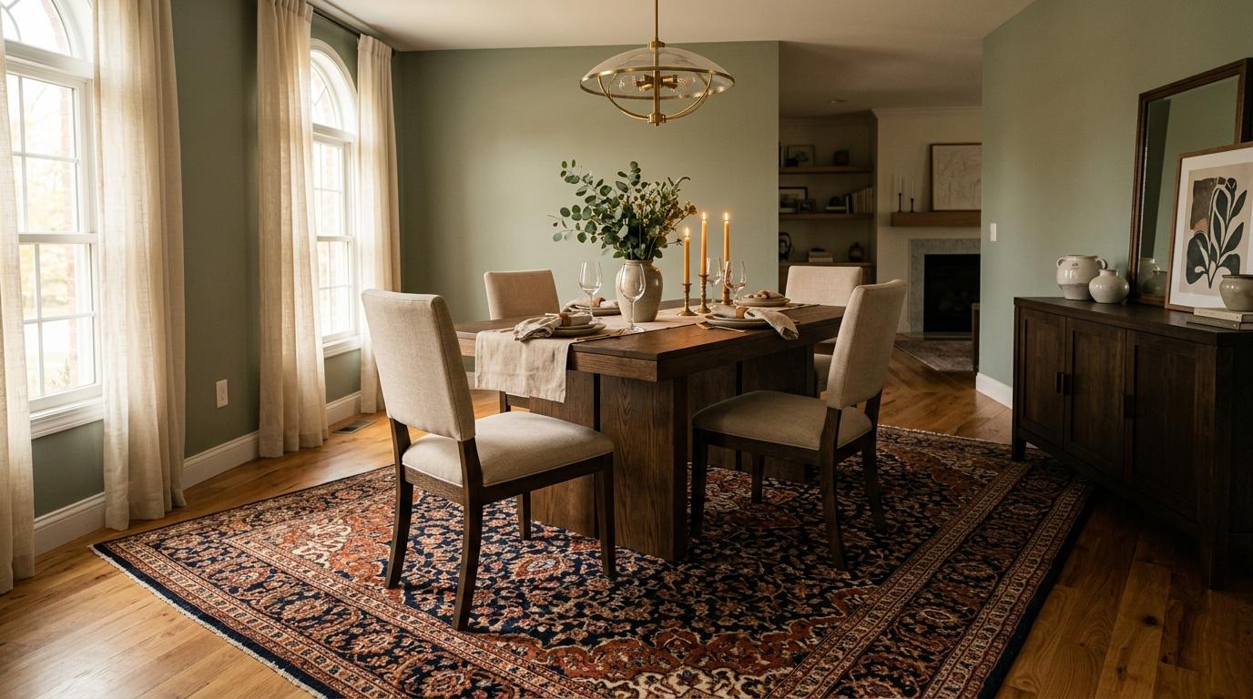 Salle &agrave; manger avec table en bois, chaises beiges et murs verts