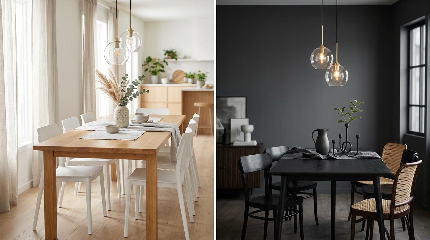 Comparaison d'une salle &agrave; manger lumineuse et d'une salle &agrave; manger sombre