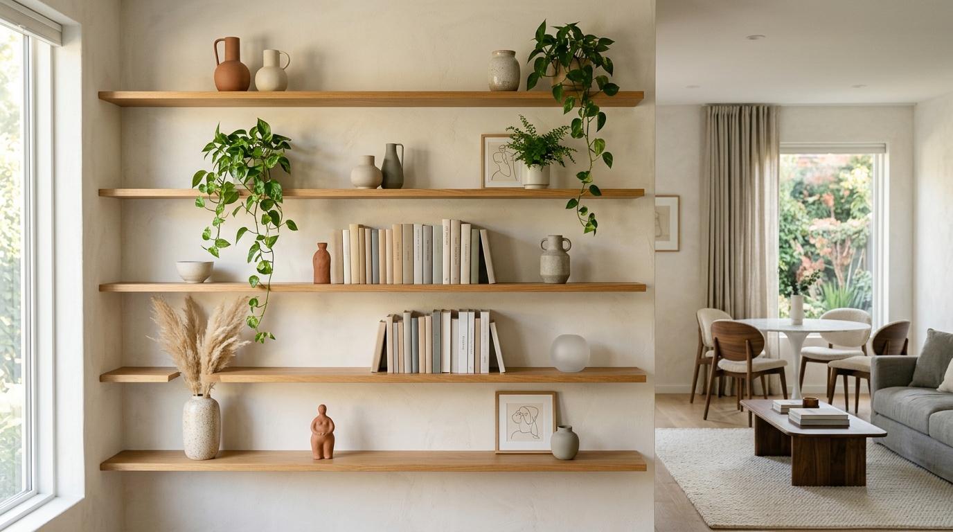 &Eacute;tag&egrave;res en bois avec livres, plantes et d&eacute;coration &eacute;pur&eacute;e