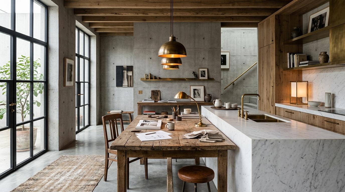 Cuisine ouverte avec table bois, b&eacute;ton brut et luminaire cuivr&eacute;