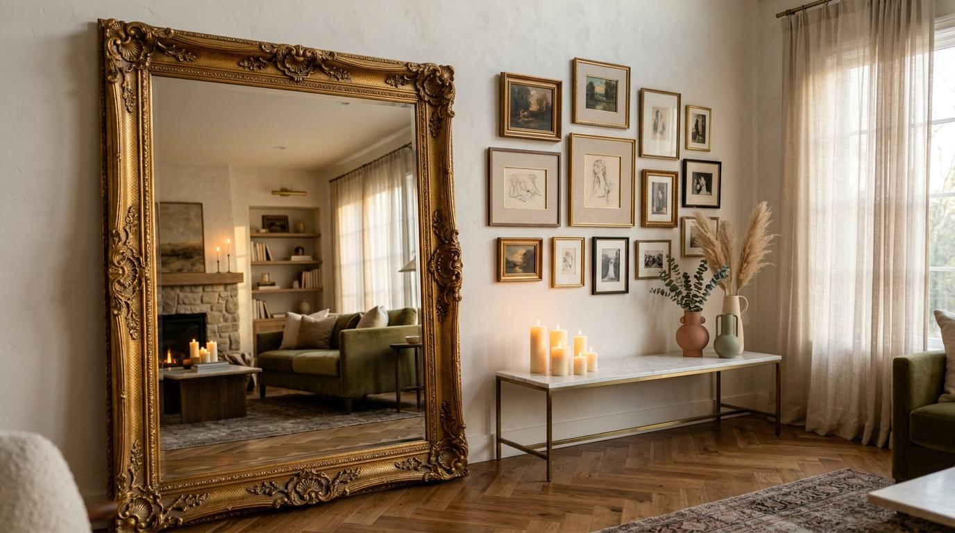 Salon lumineux avec grand miroir dor&eacute;, galerie murale et mobilier moderne