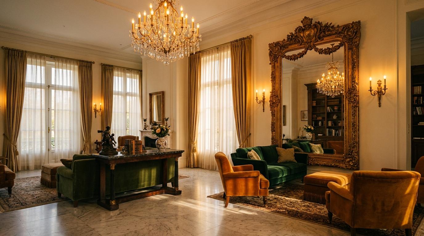 Salon contemporain avec mobilier classique, miroir dor&eacute; et lustre cristal