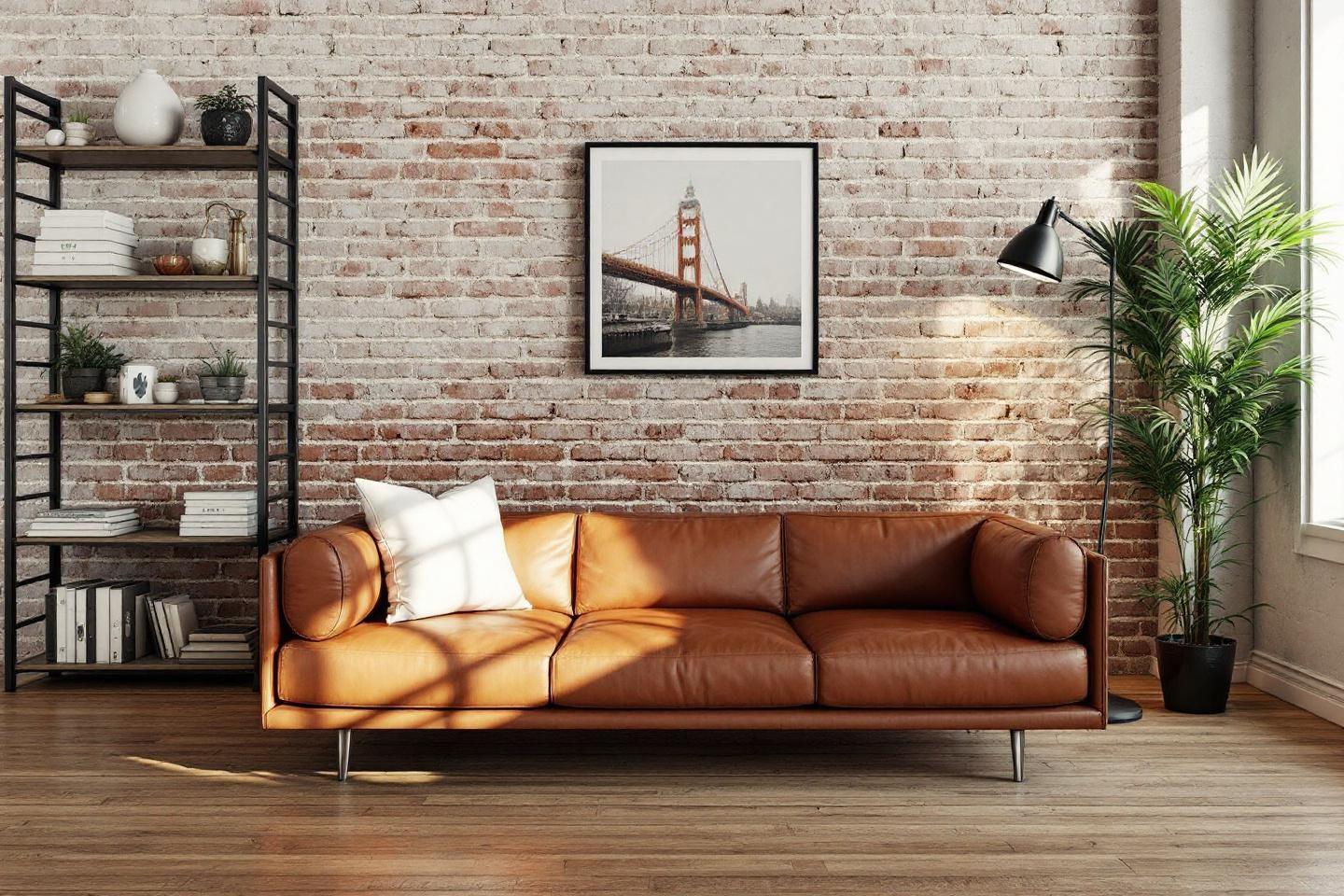 Int&eacute;rieur moderne avec mur de briques, canap&eacute; en cuir et plantes vertes