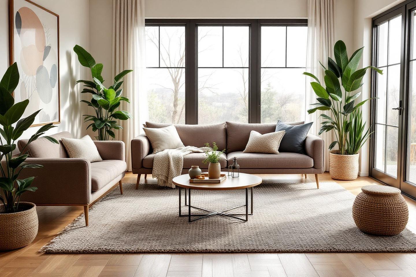 Int&eacute;rieur moderne avec canap&eacute;s, plantes et grande fen&ecirc;tre