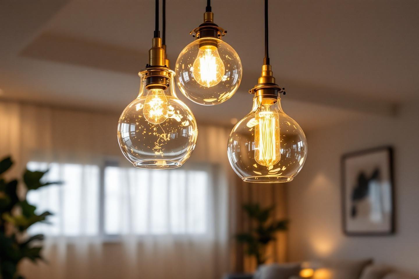 Trois lampes suspendues transparentes avec ampoules &agrave; filament dor&eacute;