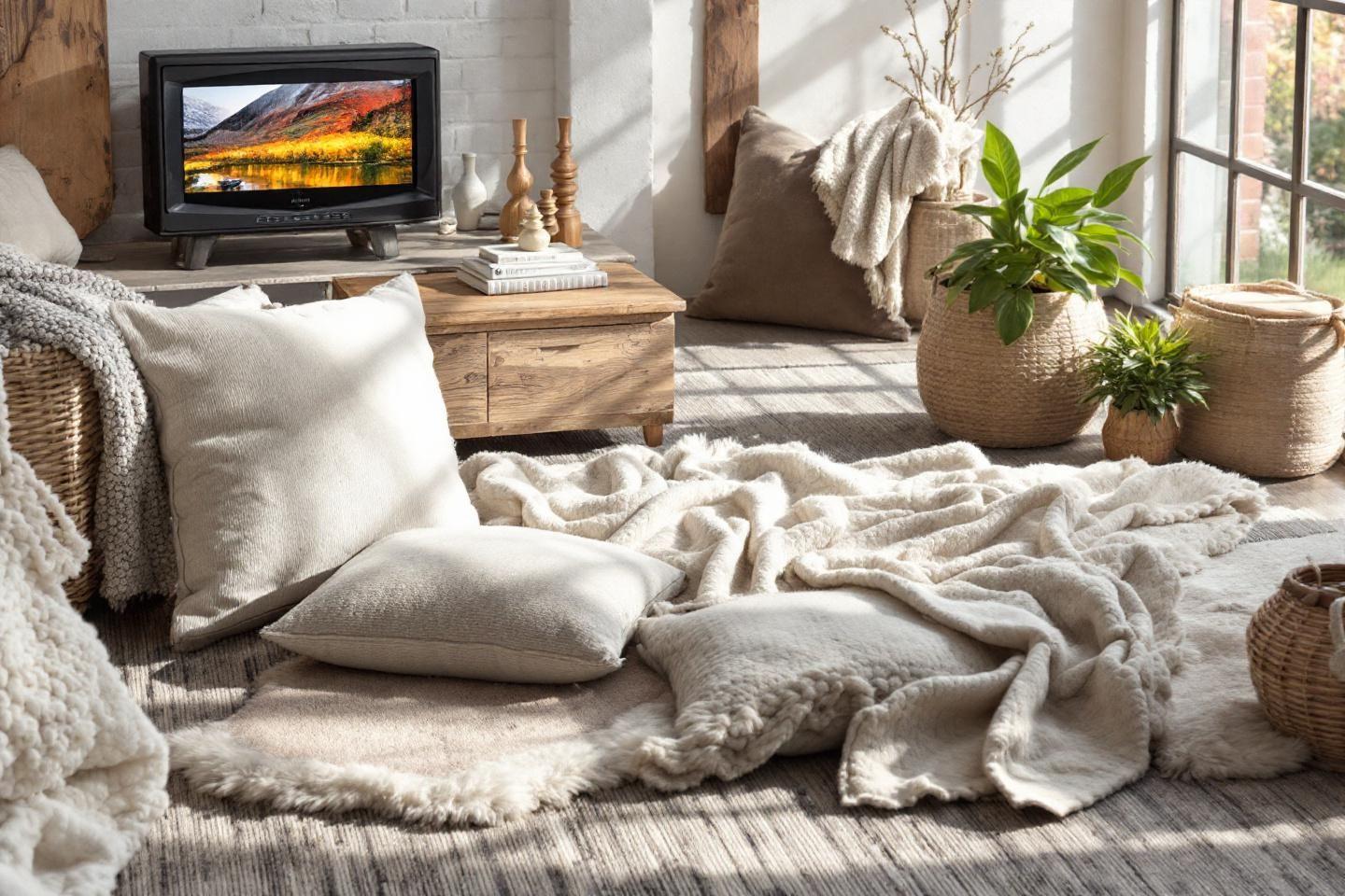Plaid blanc, coussins et plantes dans un int&eacute;rieur lumineux