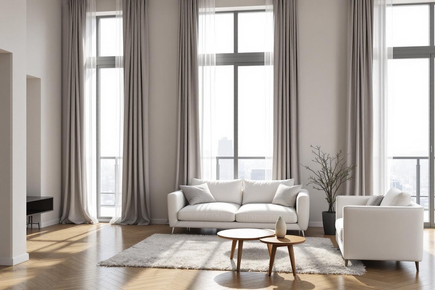Salon moderne avec canap&eacute;s blancs, grandes fen&ecirc;tres et tapis gris