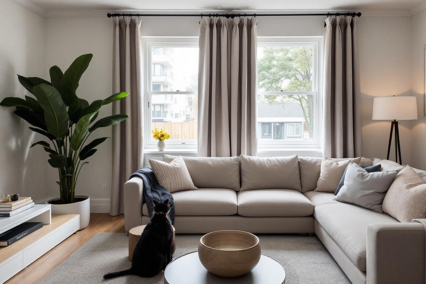 Int&eacute;rieur lumineux avec canap&eacute; gris et grande plante verte