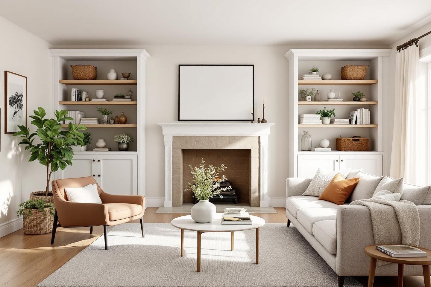 Int&eacute;rieur moderne avec chemin&eacute;e, &eacute;tag&egrave;res et mobilier confortable
