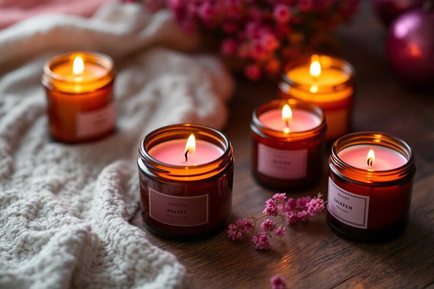 Plusieurs bougies allum&eacute;es avec des fleurs roses sur un plaid