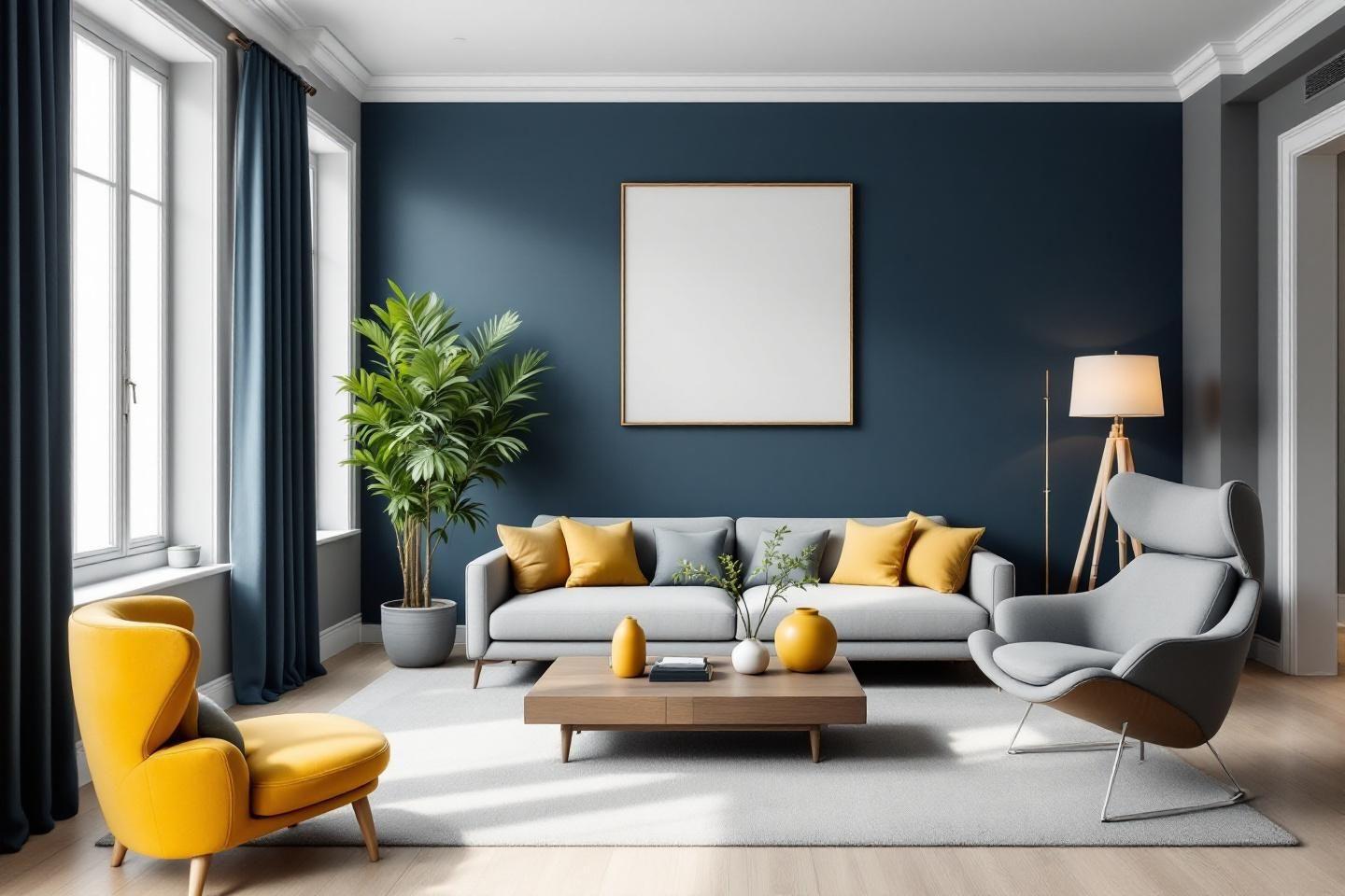 Int&eacute;rieur moderne avec canap&eacute; gris, fauteuils jaunes et plante verte