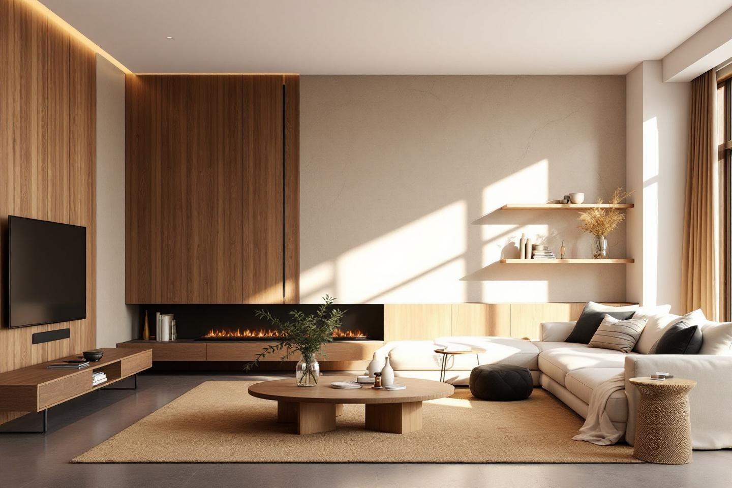 Int&eacute;rieur minimaliste avec chemin&eacute;e et canap&eacute; beige