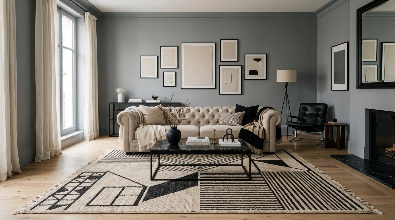 Salon moderne avec canapé beige, tapis géométrique noir blanc