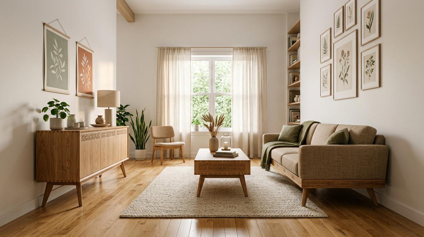 Salon contemporain avec meubles bois, canap&eacute; beige et d&eacute;coration &eacute;pur&eacute;e