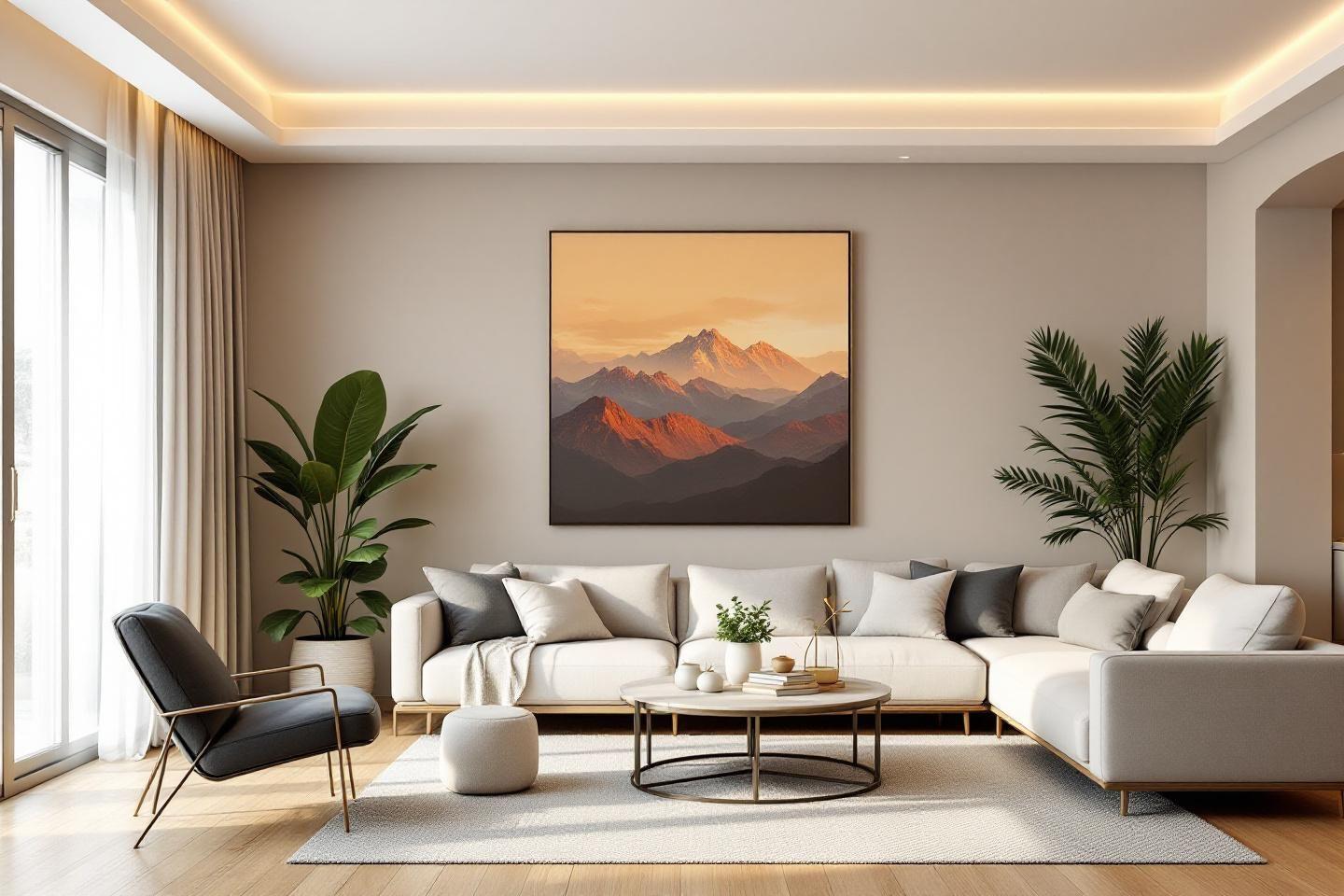 Int&eacute;rieur lumineux avec canap&eacute; blanc, tableau de montagnes orang&eacute;es