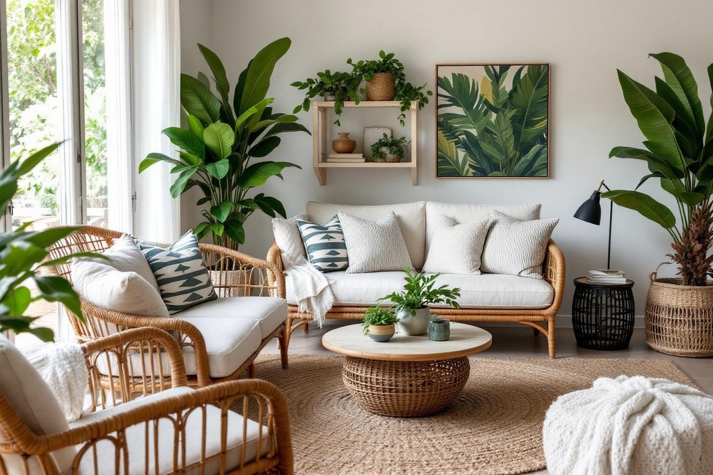 Salon lumineux avec plantes vertes et mobilier en rotin