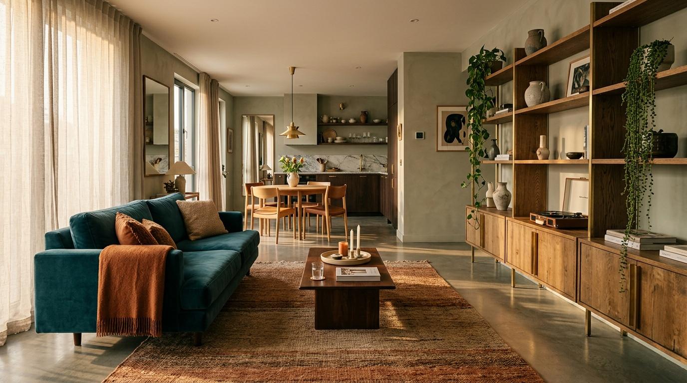 Salon contemporain avec canap&eacute; bleu canard et &eacute;tag&egrave;res bois
