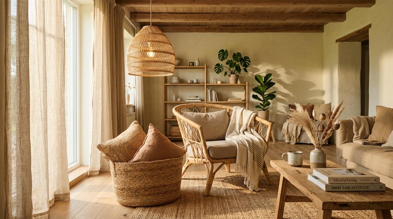 Salon lumineux avec mobilier en bois et textiles beiges naturels