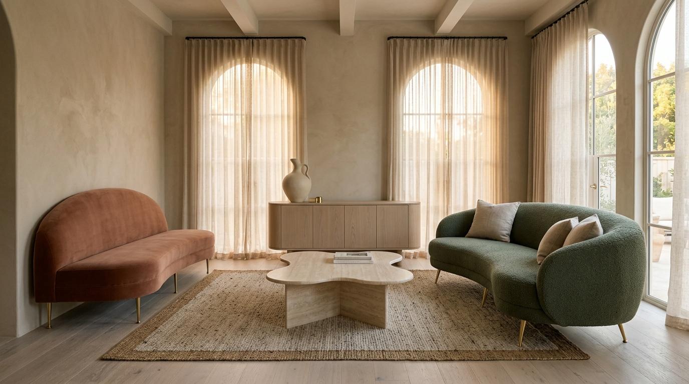 Salon contemporain avec canap&eacute;s color&eacute;s et grandes fen&ecirc;tres