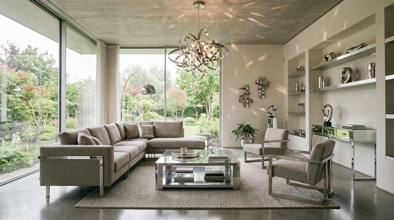 Salon contemporain avec canap&eacute; gris, baies vitr&eacute;es et mobilier design