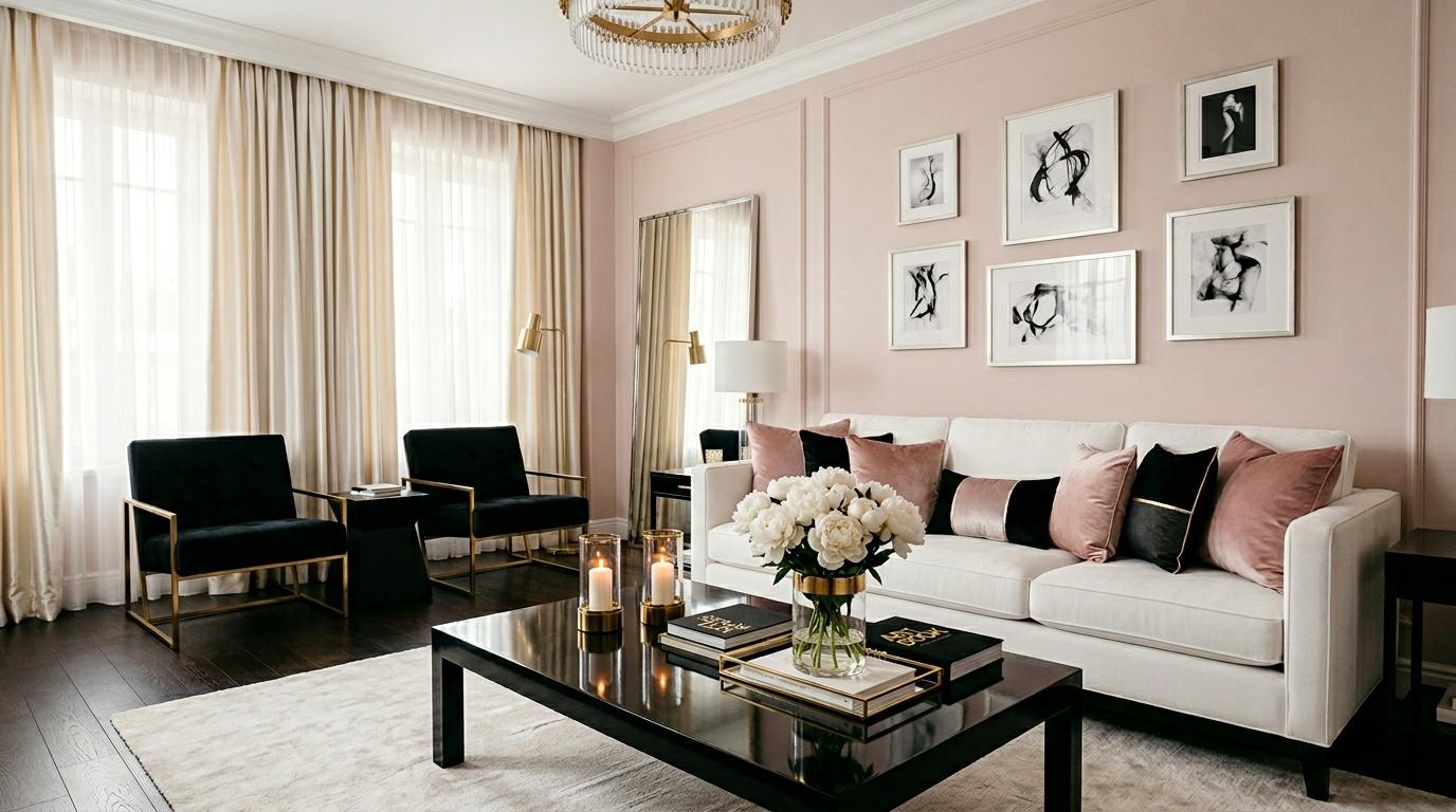 Salon moderne avec canap&eacute; blanc, fauteuils noirs et murs roses