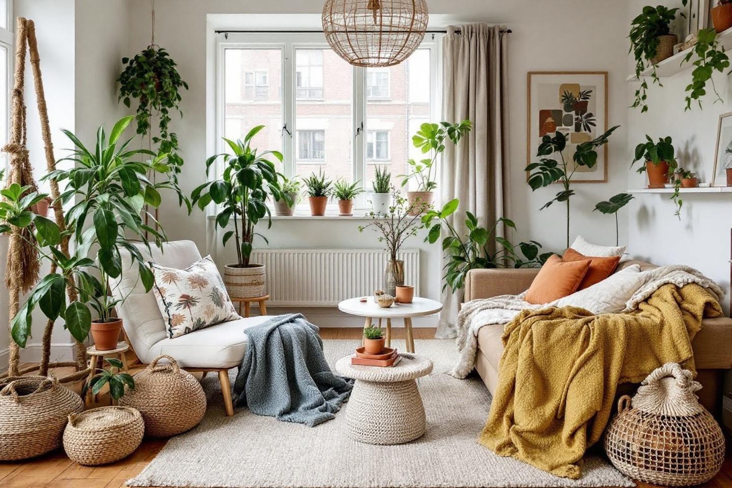 Int&eacute;rieur cosy avec fauteuil, canap&eacute; et nombreuses plantes vertes