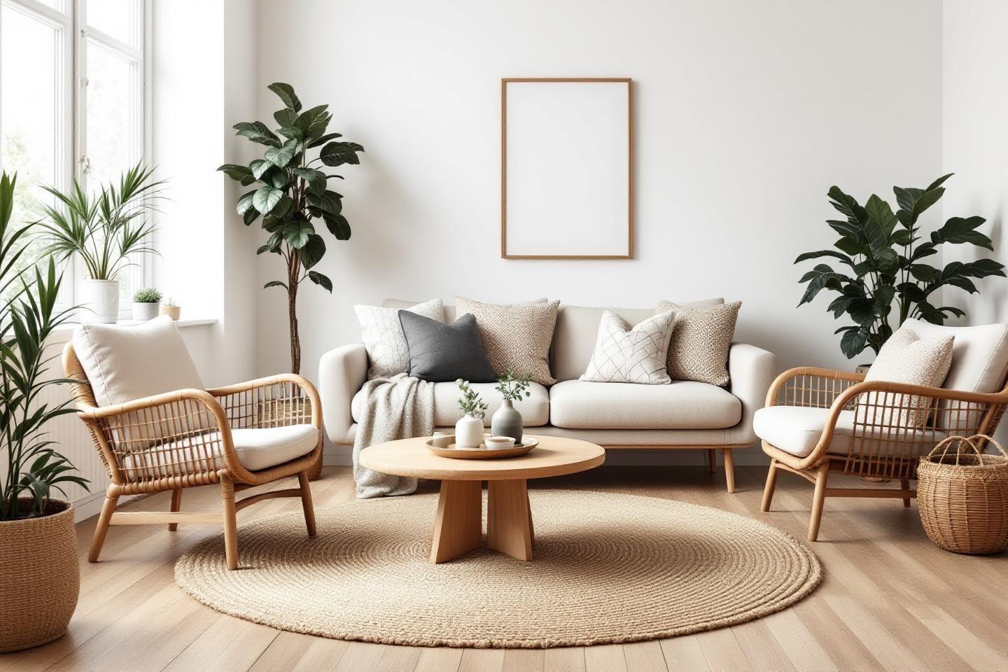Int&eacute;rieur &eacute;pur&eacute; avec canap&eacute;, fauteuils en rotin et plantes vertes