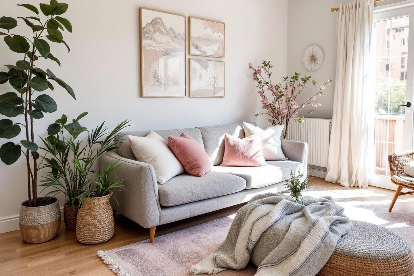 Canap&eacute; gris avec coussins roses, plantes et d&eacute;coration minimaliste