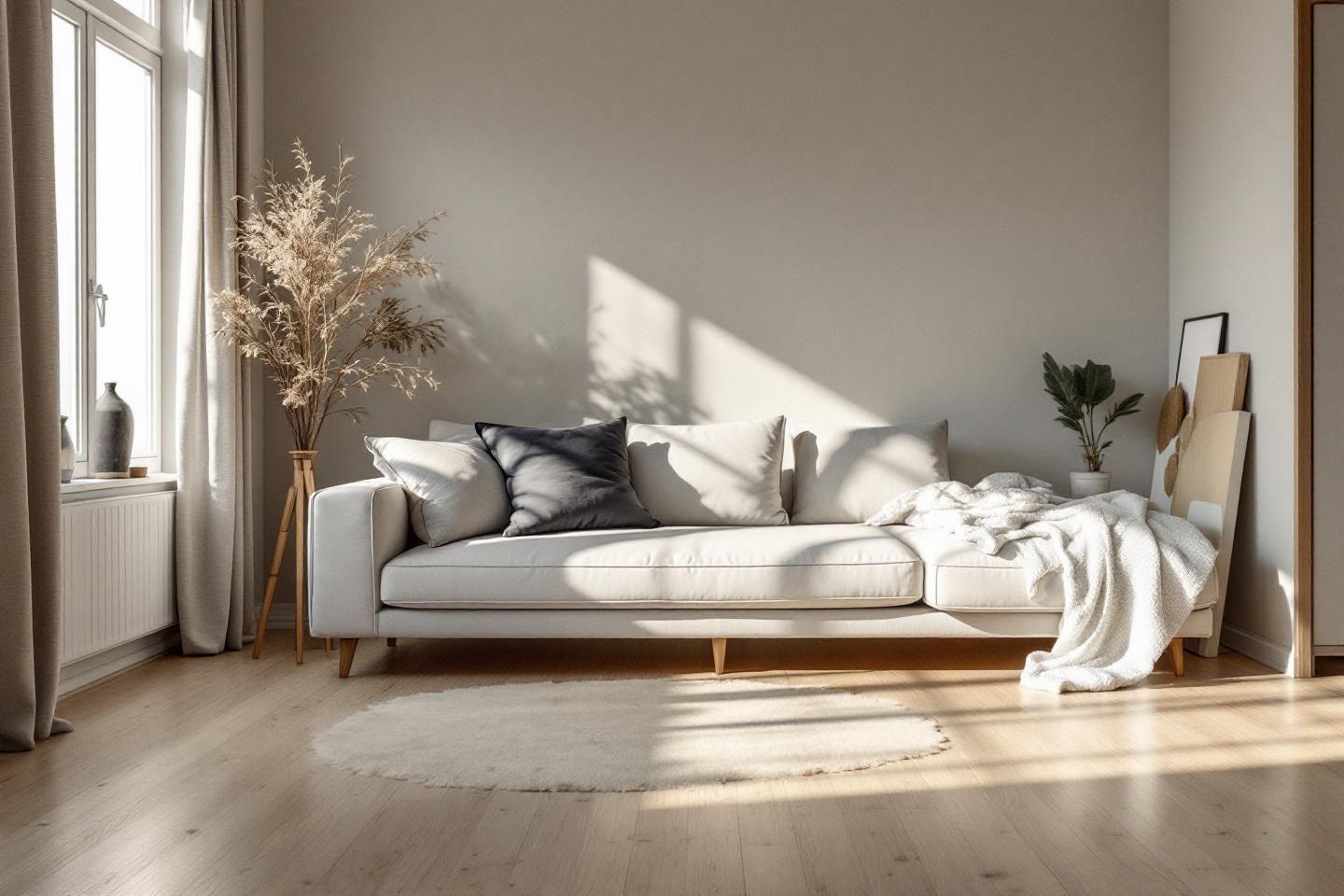 Canap&eacute; blanc avec coussins, plante et lumi&egrave;re naturelle